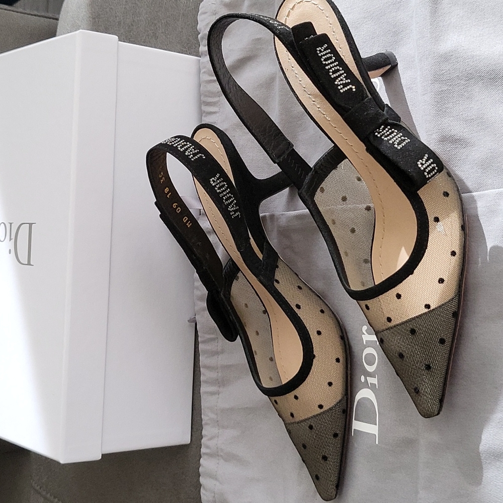 Dior Plumetis & Mesh Pointed Toe J'adior Studded Suede Slingback Sandals